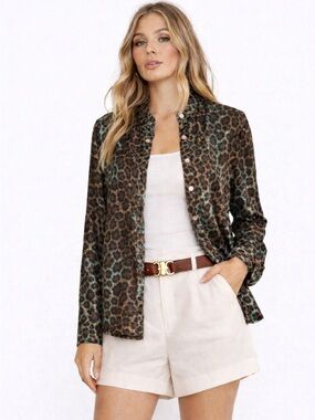 $685 JOHN VARVATOS Leopard Print Green Brown Buttoned down shirt New Tags Medium